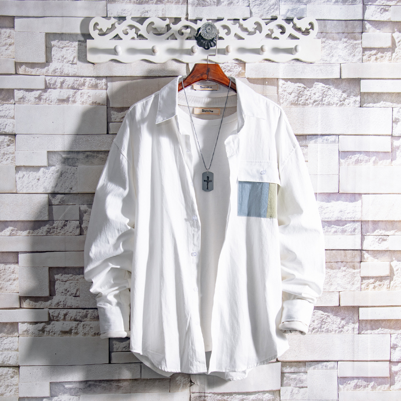 Day-train Tide Cards Pocket Collage Shirts Men's Advanced Sensation Harbor Wind Trends Brief 100 hitch White Shirt Men