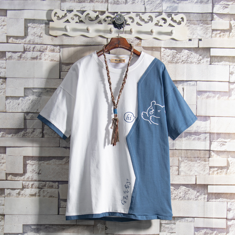 Flammable youth Japanese tide brand ins color-blocking youth short-sleeved t-shirt men's loose design round neck T-shirt clothes