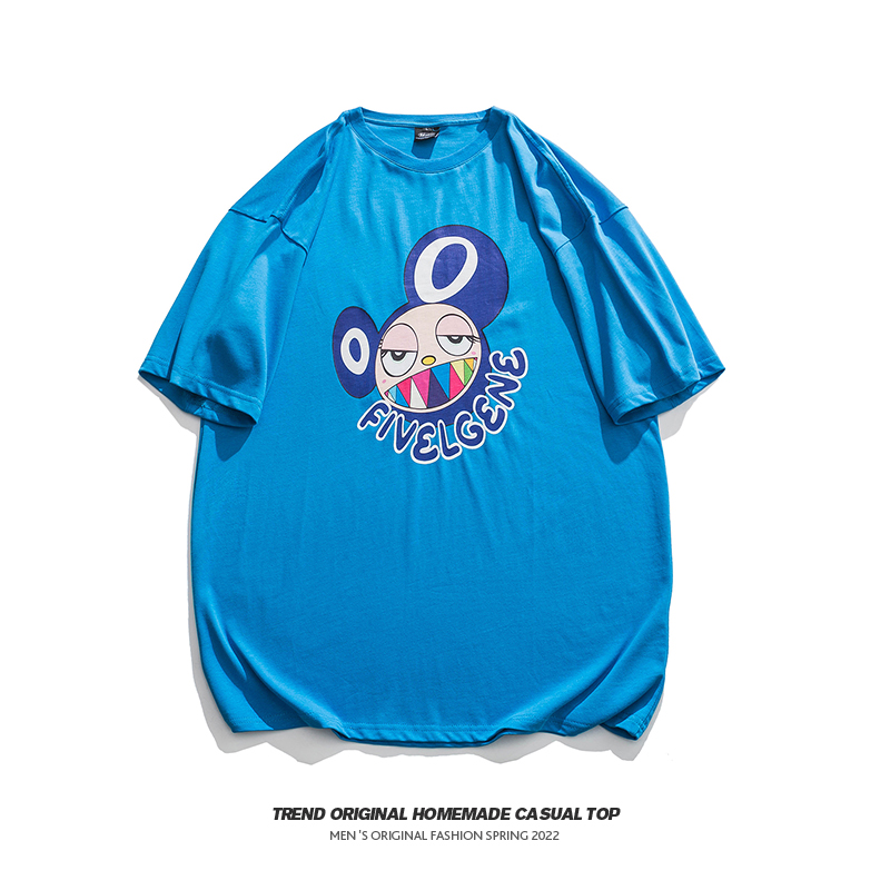 Flammable youth 22 cartoon printing round neck short-sleeved T-shirt men's Hong Kong trend brand loose summer casual top T-shirt