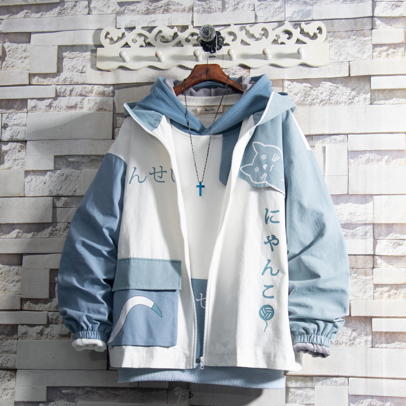 Japanese Tide brand cat hooded coat men autumn and winter 2021 teenagers thick top student plus velvet jacket