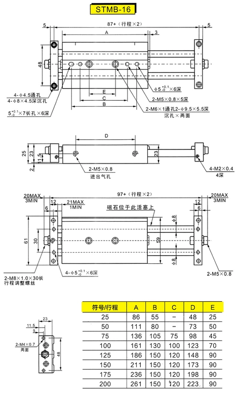 Xi lanh hai thanh trượt nhỏ bằng khí nén STMB10/16/20/25-50x100x150-S có thể điều chỉnh hành trình xi lanh xoay khí nén cấu tạo của xi lanh khí nén