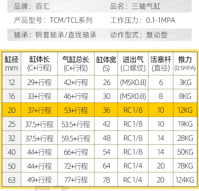 Xi lanh ba trục ba thanh có thanh dẫn hướng TCM6*10-12x16/20/25/32/40/50/63×25*100-S piston khí nén mini kích thước xi lanh khí nén