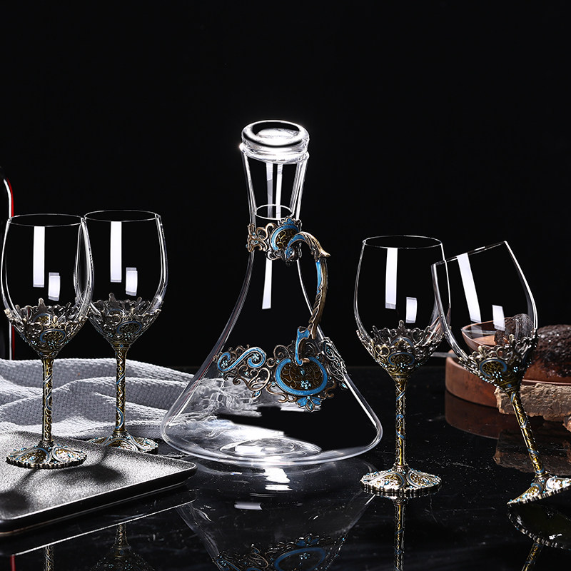 Retro Crystal Red Wine Glass Suit Home High Foot Cup Lettering Enamel High Foot Cup Creative Wedding Gift Big