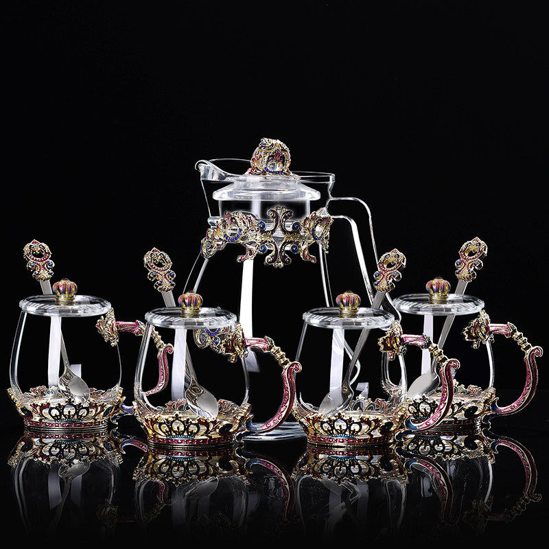 European style enamel colored water cup kettle set creative flower tea cup home heat resistant crystal glass teacup gift box