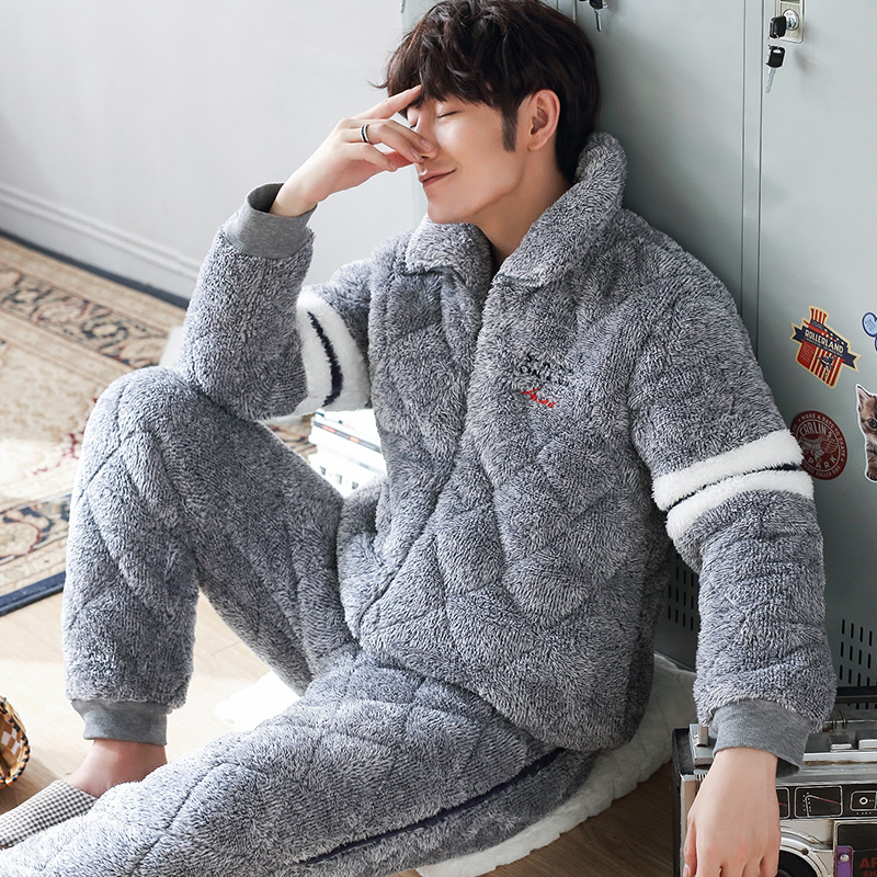 Men's Pajamas Winter Coral Suede Triple Layer Thickening Plus Suede Autumn Winter Style clip Cotton flannel Flannel Warm home Clothing Bracelet