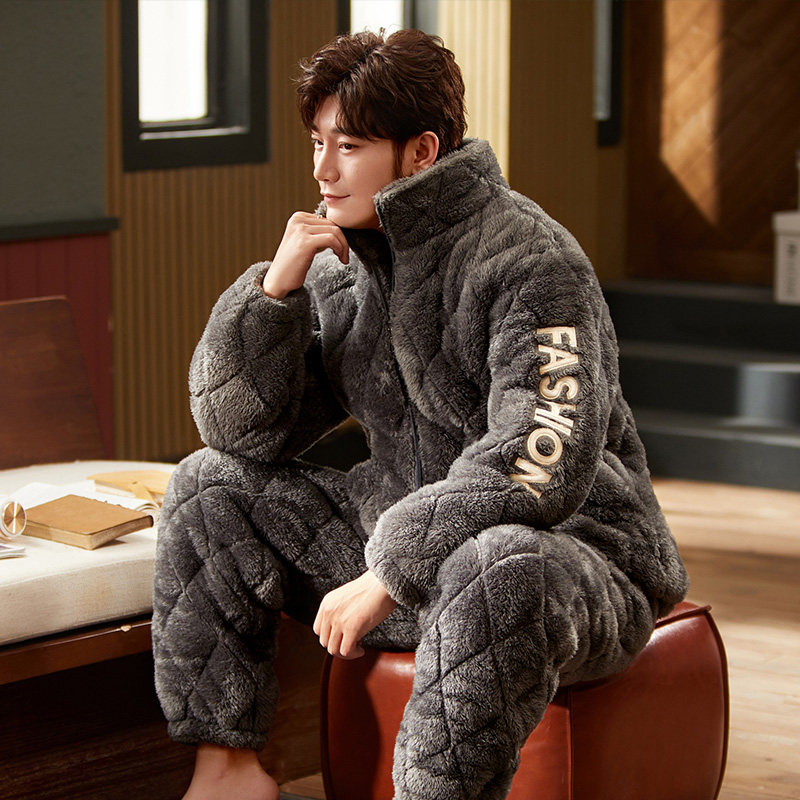 Pajamas men's autumn and winter three-layer cotton padded and velvet warm coral velvet flannel winter home suit