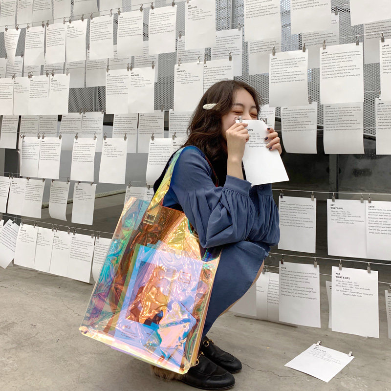 Laser Pvc Bag Packs Women Transparent Handbag Single Shoulder Shopping Bag Custom Plastic Bag Subjelly Dazzling Mesh Red