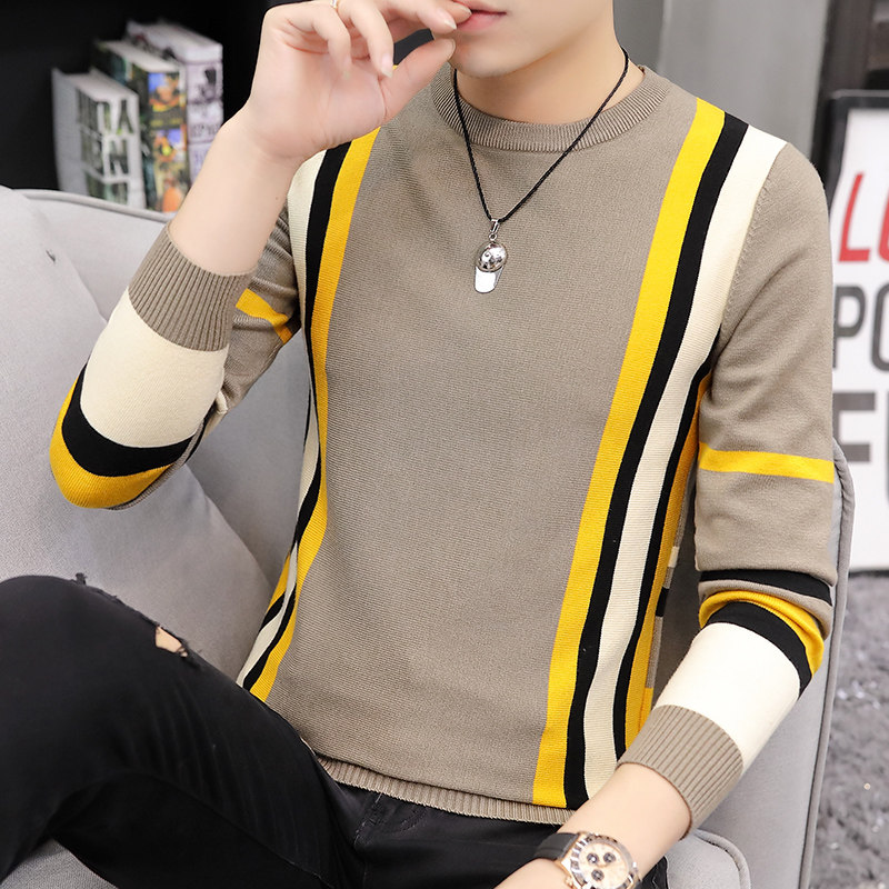 Striped Sweater Men's Spring and Autumn Round Neck Pullover Knitting base shirt Korean Slim Trend Men's Health Clothes