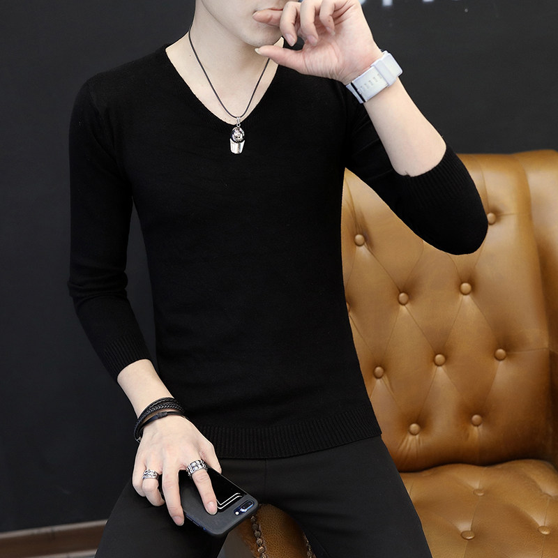Men's sweater V-collar spring and autumn thin bottoming knitwear Korean version of slim solid color interior fashion Men's thread coat