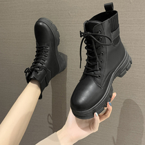 Thick-soled heightened Martin boots Female English style short boots show feet small 2021 autumn and winter New slim boots black boots