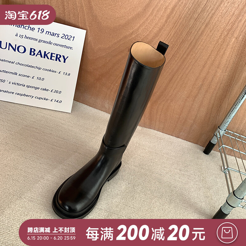 ABaojia small crowd 100 lap up slim but knee riding boots Women's new long boots flat bottom black cow leather high cylinder boots