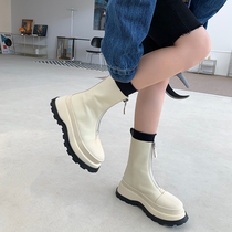 Apel Home Heightening Thick Bottom Front Zipper Martin Boots Woman Fall New Casual Genuine Leather Short Boots 100 Lap Single Boots