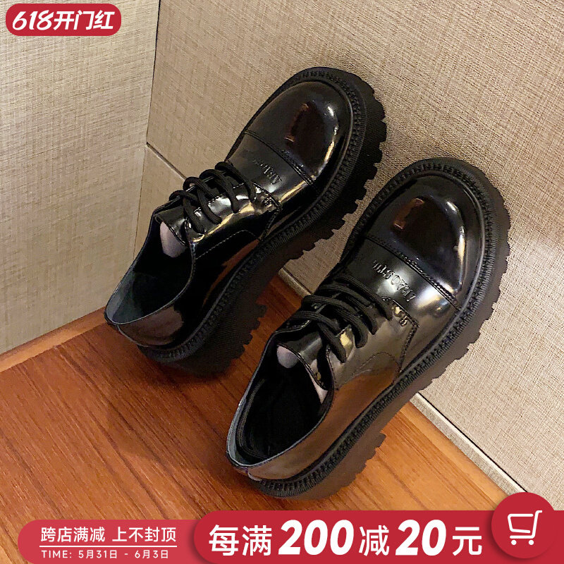 Inglées Wind 100 Hitch Leather Thick Bottom Genuine Leather Black Small Leather Shoes Woman New Pint Lace Heightened Lacquer Leather Round Head Wrap Shoes