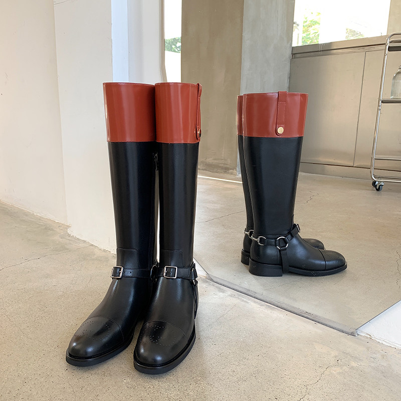 Abao's home Ashio net red with equestrian boots women's new leather riding boots flat flat collared high cylinder boots