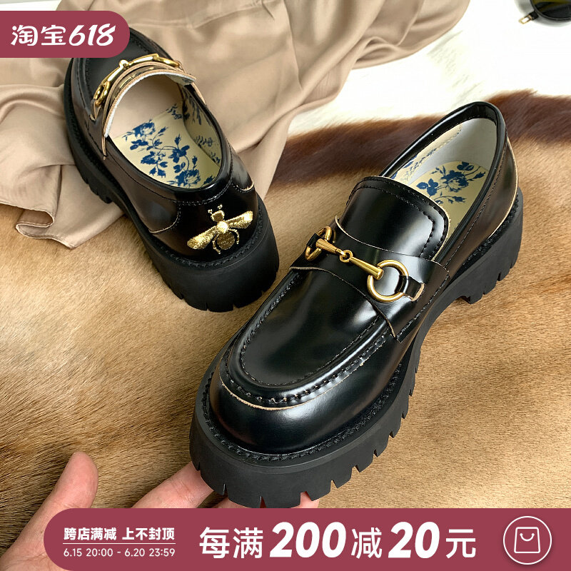 Small bee horse rank buckle thick bottom one foot pedal Lefoe shoes women's new retro spring genuine leather heightening Inn wind small leather shoes