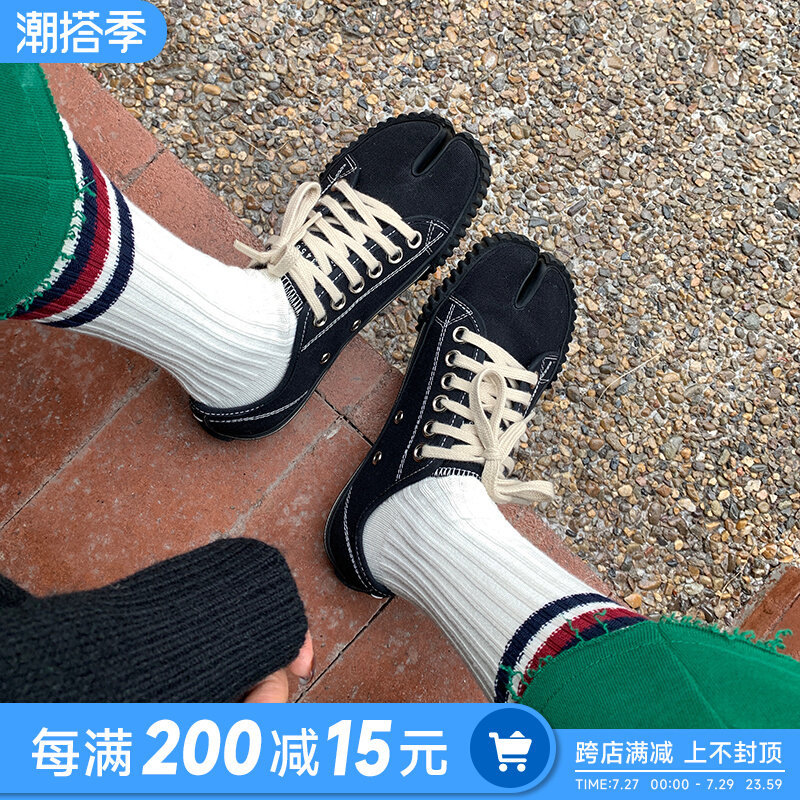 ABaojiatabi Toe Shoes Women 2022 Early Spring New Casual Lacing Cookies Shoes Low Bunch Of Pig Hooves Cloth Shoes