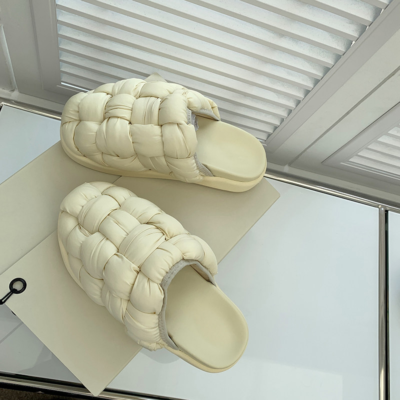 mona the same thick bottom woven down warm slippers women's outer wear winter new niche flat toe bread shoes