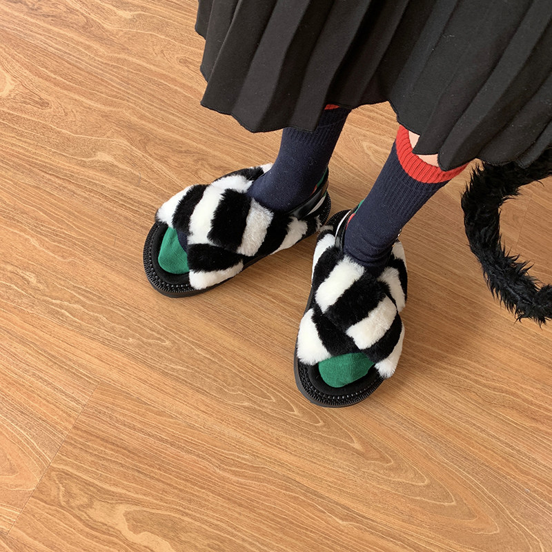 Abaojia niche striped cross-contrast color warm fur sandals for women's outer wear autumn and winter new style one pedal open toe