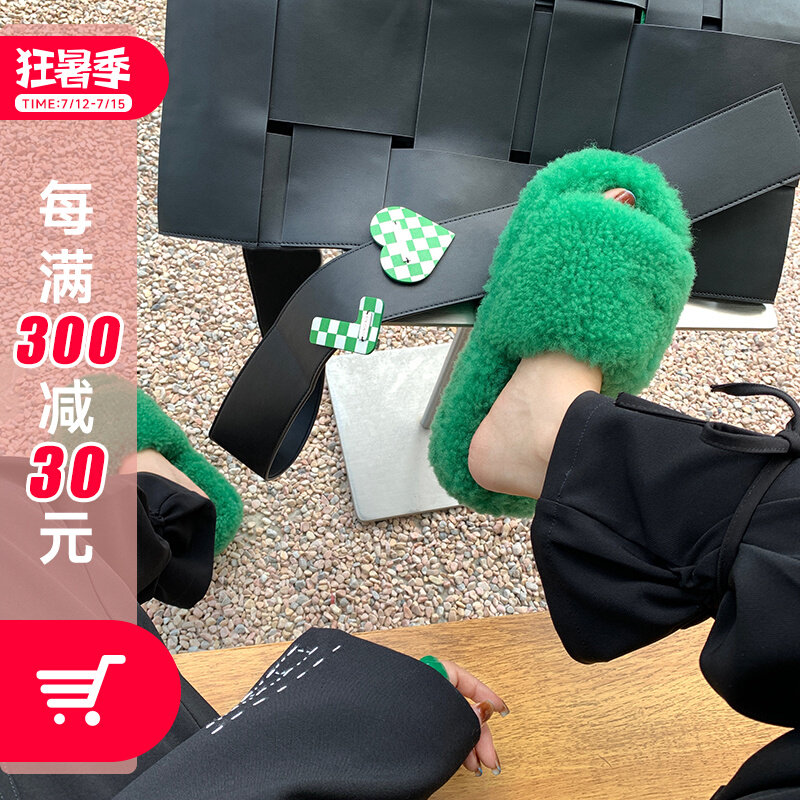 ABaojiao wool green thick bottom fur slippers female outside wearing spring and autumn flat bottom open toe comfortable and casual little crowd personality