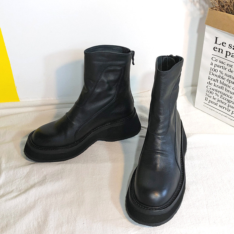 British style leather heightened thick bottom rear zipper Martin boots women's autumn and winter new thin boots motorcycle muffin short boots