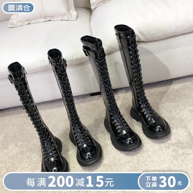 Patent leather but knee muffin thick-soled high-barrel boots women's 2020 autumn and winter new lace-up leather boots boots riding boots