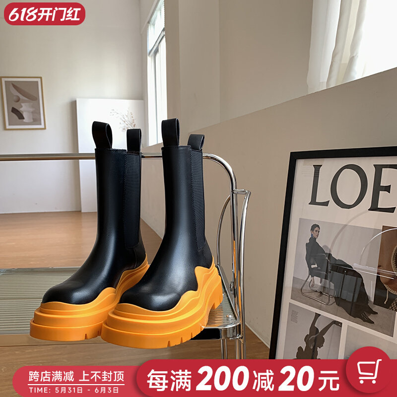Abao Home 2022 New Orange Bottom JW BV sleeves Chelsea boots Bull Leather Round Head Temperament Short Boots