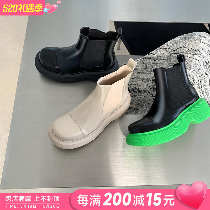 Pao Family Head Layer Cow Leather Thick Bottom Heightening Short Boots Woman Spring Autumn New Chelsea Boots Pine Pastry Green Bottom Short Barrel Single Boot