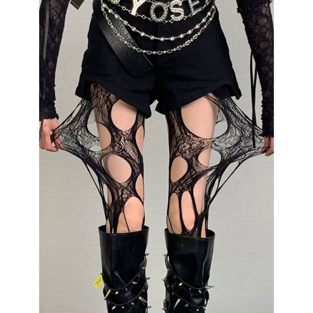 Japanese-style sexy ripped stockings, punk style, subculture, hot girl, black lace fishnet stockings, women's summer.