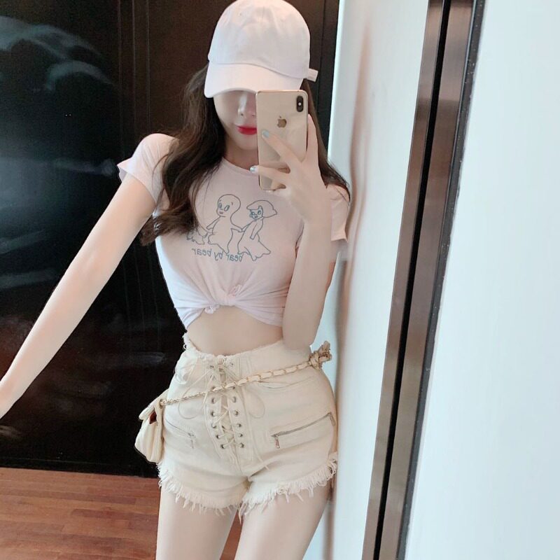 celine pinna white short-sleeved T-shirt women's summer new Korean version of the high-waisted short cropped navel top trendy