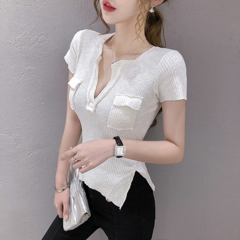 Vanya white short sleeve T-shirt summer sexy temperament open-tight V-collar knitting and waist coat