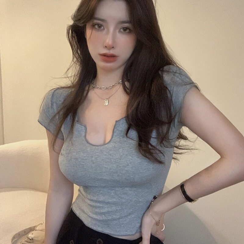 Fanya pure cotton gray short-sleeved T-shirt women's 2021 summer Korean style slim all-match high waist short waist top trendy