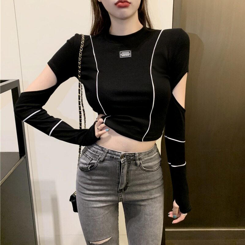 Vanya Autumn Winter Black Black Shirt New Han Air Color Design Broken Hole Long Slow T-shirt