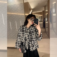 Zhang Beibei ibell ngắn tay áo khoác mùa thu và mùa đông houndstooth với tua rua thời trang nước ngoài áo khoác tweed len - Áo len lót đôi