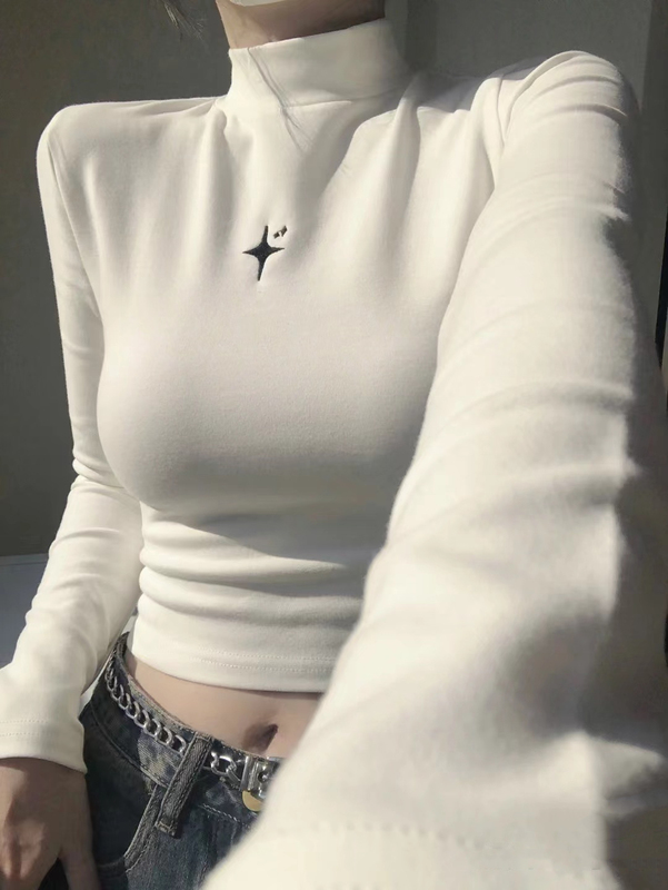 Half-High Collar Thermal Base Layer for Women, Autumn and Winter, Brushed and Thickened for Warmth, Short Long-Sleeve T-Shirt, Tight-Fitting Top