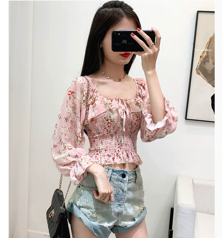 Áo sơ mi voan tay phồng phối ren kiểu mới xuân hè 2021 phong cách hàn quốc thiết kế nữ tính áo sơ mi voan hoa mỏng - Áo sơ mi chiffon ren
