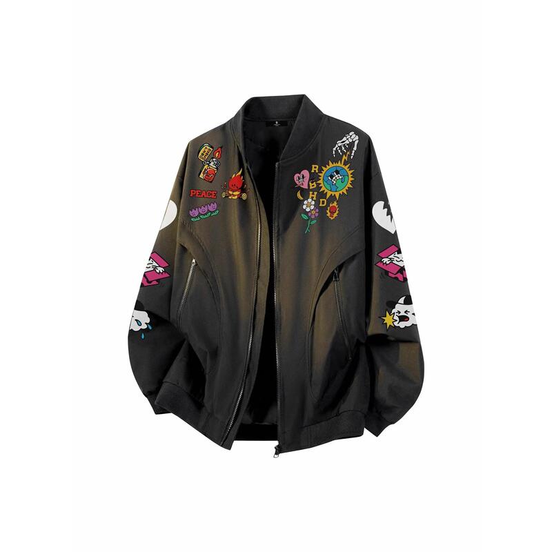 American High Street Retro Angry Cartoon Graffiti Creative Letter Print Baseball Collar Bomber Jacket for Men and Women
