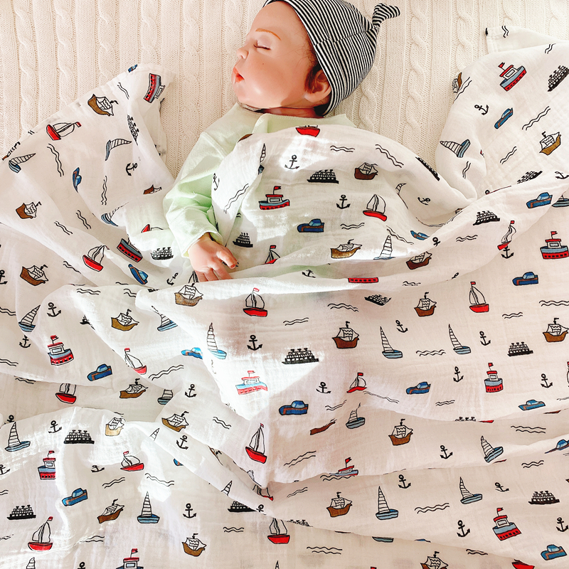 Light / Sailboat Blue / Double Layer Pure Cotton Cloth Towelmuslin baby Gauze Bandage summer Thin Cuddle quilt primary baby package Envelop summer Small quilt Blanket