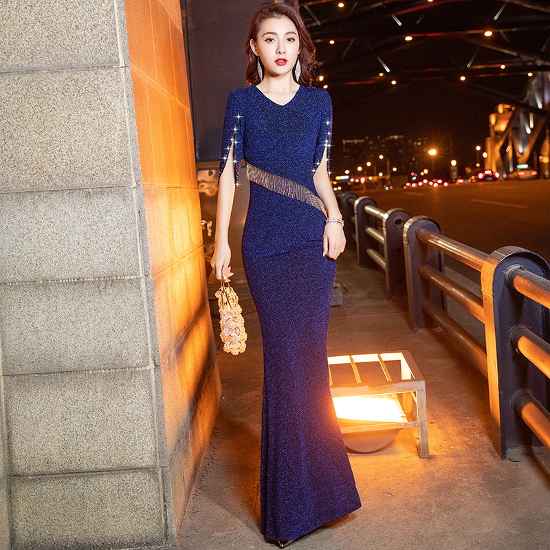 Evening Dress 2026 New Style Women's Light Luxury Niche High-End Blue Elegant High-Class Fishtail Performance Dress Host Dress Evening Dress 2026 New Style Women's Light Luxury Niche High-End Blue Elegant High-Class Fishtail Performance Dress Host Dress