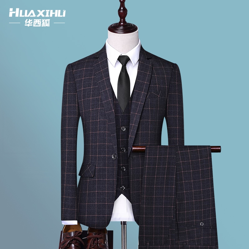 Men's suit suit Three sets of Korean version of a checkered small suit Business casual groom wedding gown trend