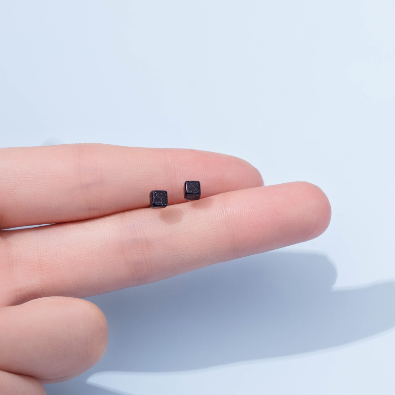 925 Pure Silver Black Squared Sugar Cube Earshot Female Square Block Starry Sky Series Students Short Hair Square Ear Accessories