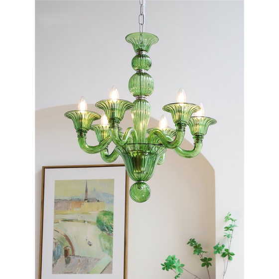 Light French Elegant Green Candle Chandelier Designer Medieval Glass Light Luxury Retro Dining Room Living Room Bedroom Chandelier