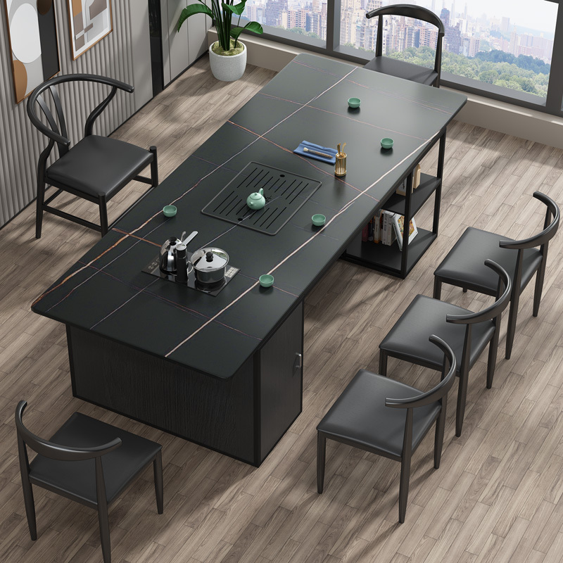 Modern Minimalist Slate Tea Table Set with a Light Luxury Design, Including a Tea Table and Five Chairs, with Integrated Kettle and Built-In Features