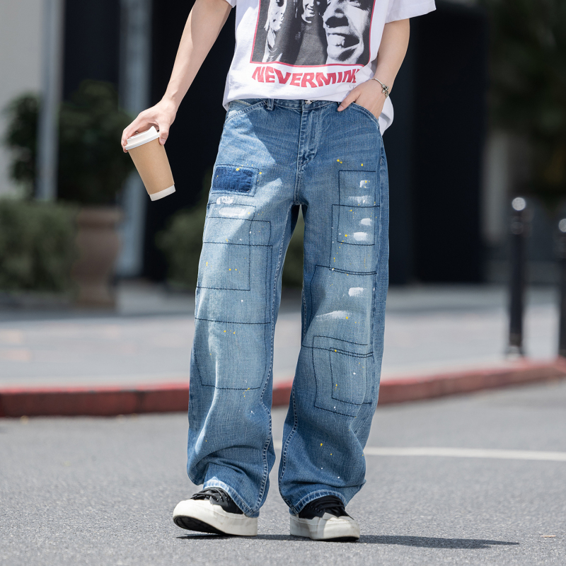 American Retro Patchwork Splatter Ink Jeans for Men, Loose Straight-Leg Pants with a Vintage Design, Trendy Casual Pants