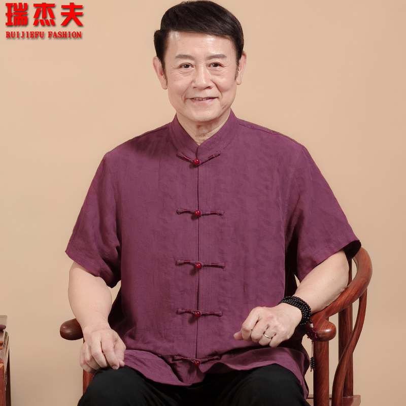 Chinese style Tang suit men's short-sleeved linen top Chinese style cotton and linen Hanfu middle-aged and elderly large size dad's summer jacket