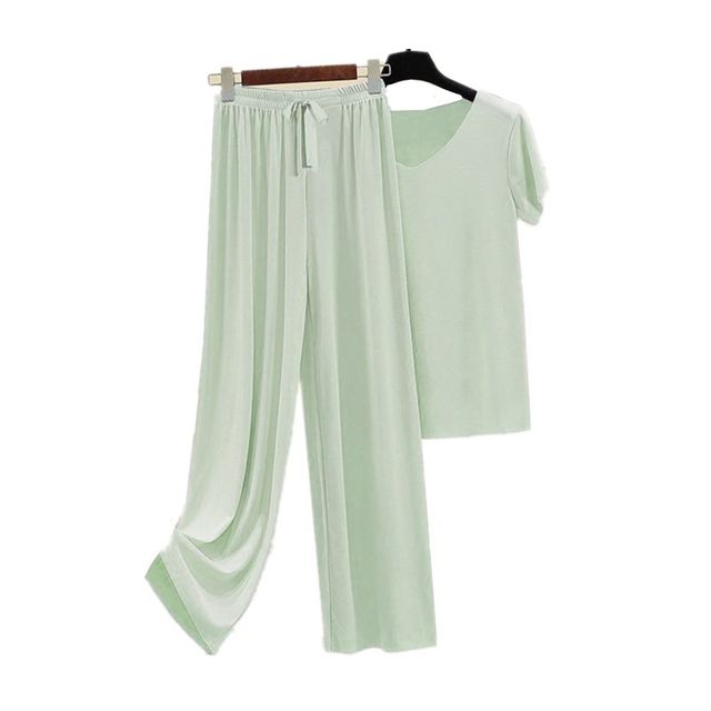 ເສື້ອຍືດແຂນສັ້ນ 2 ຜືນ ເສື້ອຍືດແຂນສັ້ນ 2 ສິ້ນ ສຳລັບຜູ້ຍິງລະດູຮ້ອນ ຄໍຮອບໃໝ່ slimming top drapey casual loose wide-leg pants