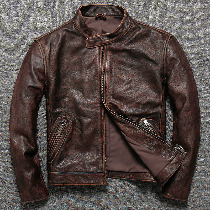 Head-layer cow leather leather clothing male collar genuine leather leather clothing short-fit new locomotive pick up missing leather jacket casual jacket