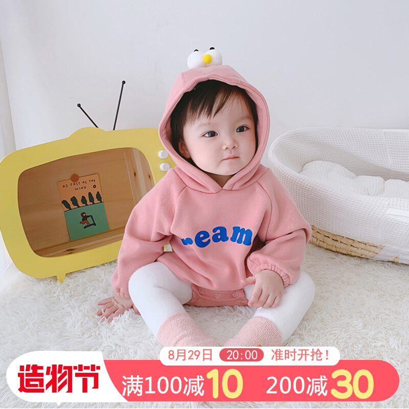 Newborn baby clothes jumpsuit spring and autumn plus velvet Korean version outerwear sweater female baby suit bag fart romper
