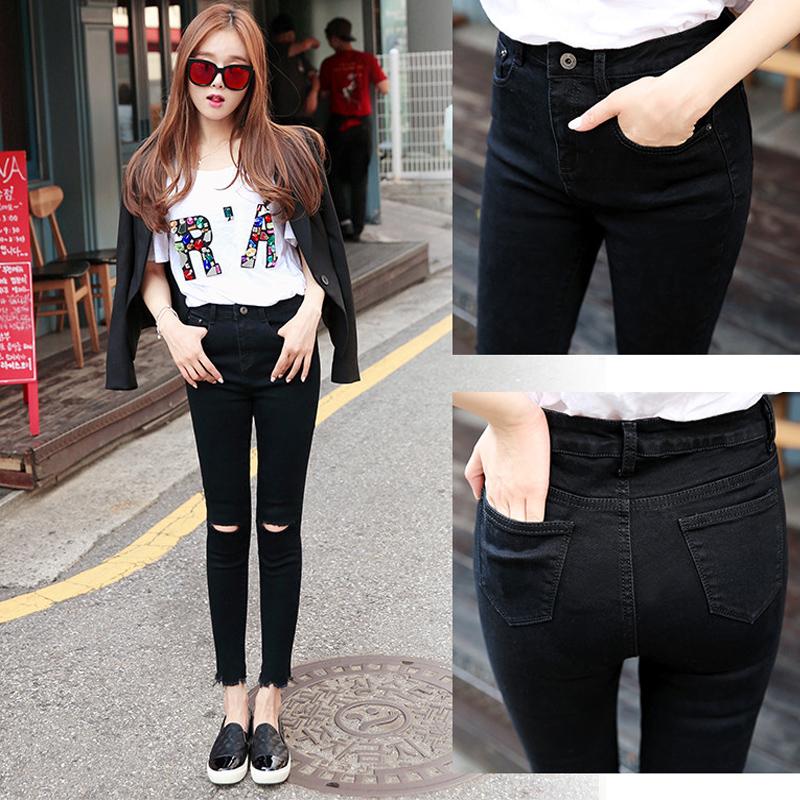 Break hole jeans women 2021 new spring and autumn Korean version of thin waist elastic black tight small feet ankle-length pants