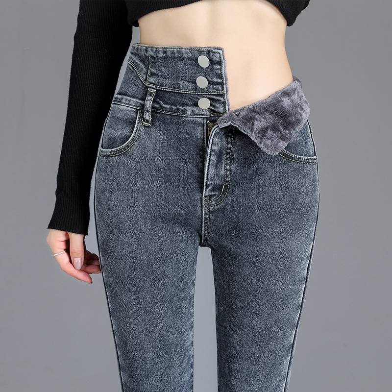 Net Red Plus Suede Jeans Female Autumn Winter Ultra High Waist Display Slim 2021 New Thicken Skinny Pant Pencil Pants