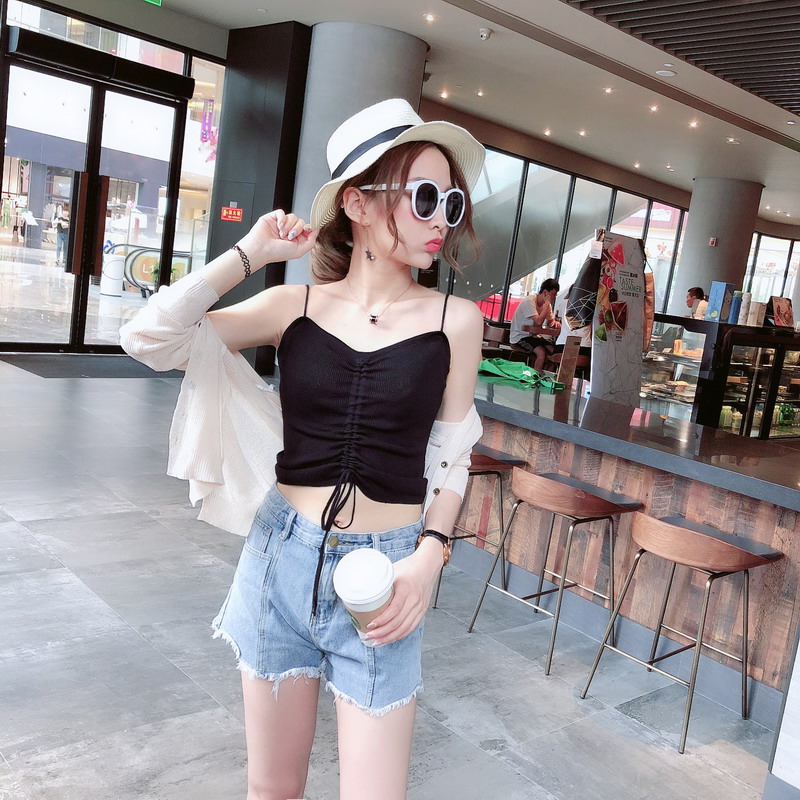 2018 áo vest nữ nhỏ mới ra ngoài mặc mùa hè DrawString hương vị Hồng Kông sang trọng chạm đáy áo sơ mi lụa băng băng Harajuku áo tắm